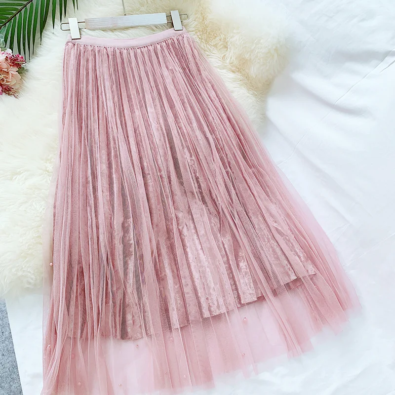 Плотная бархатная юбка Женская осенне-зимняя мода миди длинные тюлевые женские юбки жемчужная Женская плиссированная юбка серая розовая длинная юбка
