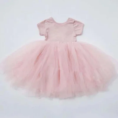 Новые платья для девочек модное Сетчатое платье принцессы с короткими рукавами популярная Классическая Летняя одежда для девочек RT396 - Цвет: pink