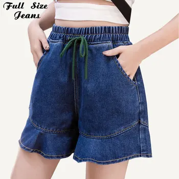 

Plus Size Drawstring Waist Ruffles Mini Jeans Xxxl 4Xl Women Casual Push Up Elastic Band Wide Leg Solid Denim Shorts Mom Jean