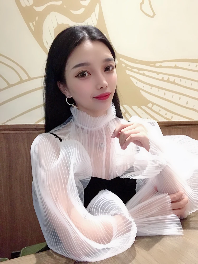 WHITNEY WANG блузки женские осень мода уличная просвечивается гофрированный с сеткой блузка женские блузы рубашки топы
