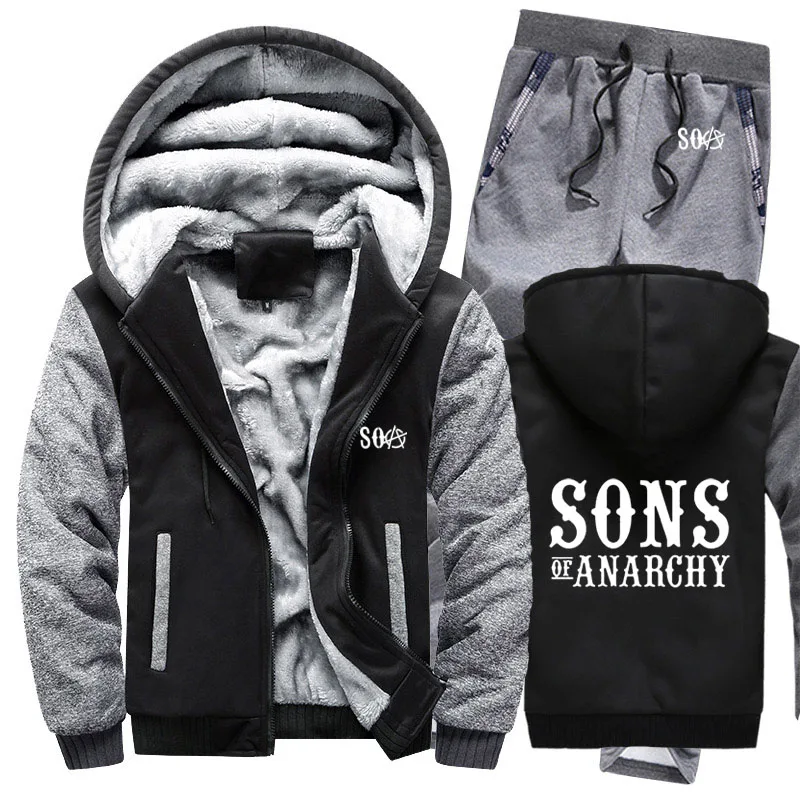 SOA Sons of толстовки анархия мужской костюм зимний флис утолщаются теплые молнии пальто толстовка мужские толстовки куртка+ брюки 2 шт. наборы - Цвет: 809