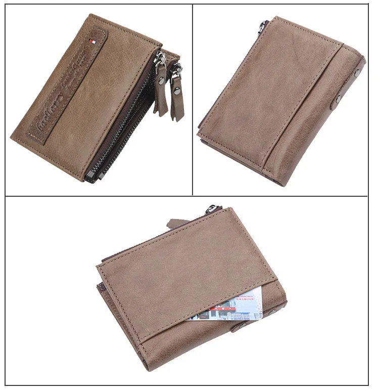 Baellerry Men Wallets Genuine Cow Leather Double Zipper Card Holder High Quality Male Purse Vintage Coin Holder Men Wallets