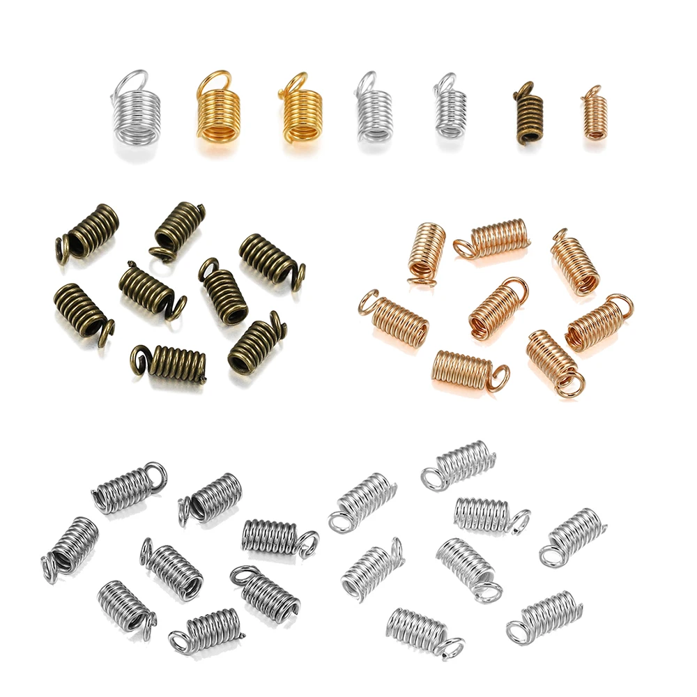 

100pcs/lot Spring Crimp Ends Fastener Connector Crimp Beads Coil Cord End Caps Clasps DIY Necklace Connectors Jewelry Findings