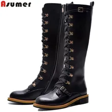 ASUMER new Genuine leather boots buckle punk women's motorcycle boots lace up autumn winter combat knee high boots women