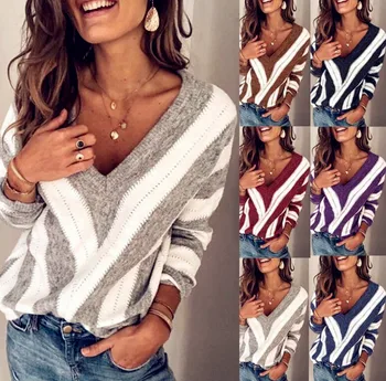 

2020 Winter Spring Sweater Women Knitted Tops Strip Plus Size Casual Long Sleeve Pull Female Solid Sexy Sweaters Pullovers