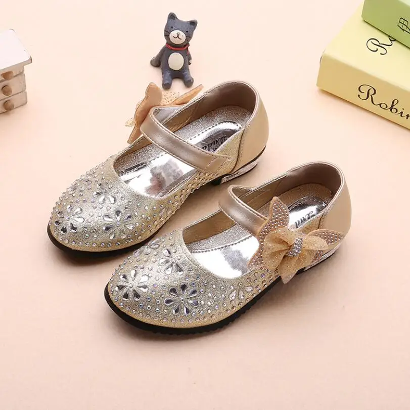 Детская повседневная обувь; свадебные модельные туфли для девочек; детские сандалии принцессы с бантом; кожаная обувь для девочек; Повседневная обувь; туфли на плоской подошве - Цвет: Gold