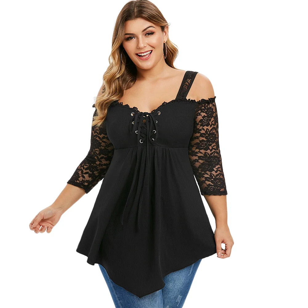 

Rosegal Plus Size Open Shoulder Ribbed T-Shirt Summer Sexy Women Bandage Top Lace Up T Shirt Female Lace Sleeve Top Long Tunic