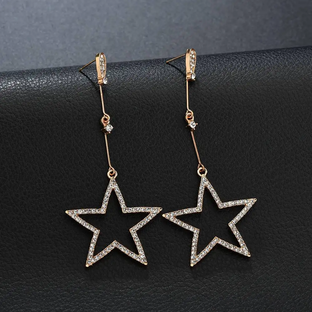 

VOHE New Fashion Brincos Oorbellen Bijoux Crystal Rhinestone Hollow Five-pointed Star Hanging Earrings Ladies Fashion Jewelry