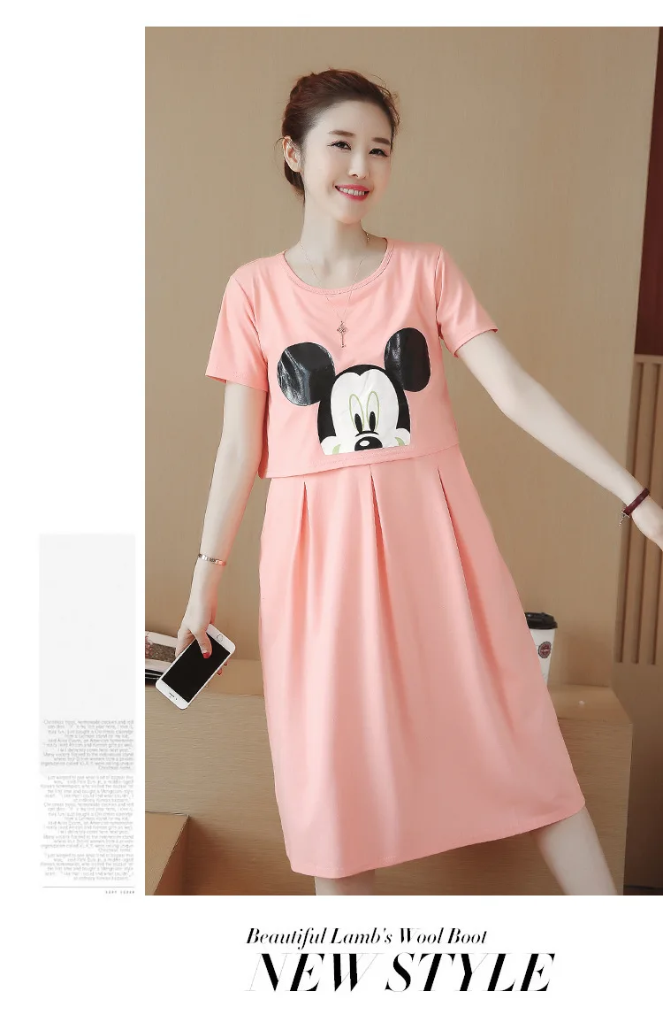 Summer New Style Maternity Clothes Medium-length Fashion Mickey Nursing Dress Korean-style Pregnant Women Nursing Clothes