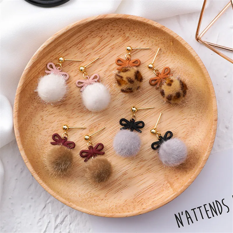

Plush Ball Bow Knot Leopard Cute Sweet Autumn Fall Winter 2019 Women Girl Stud Earrings Korean Japan Fashion Jewelry-MSE