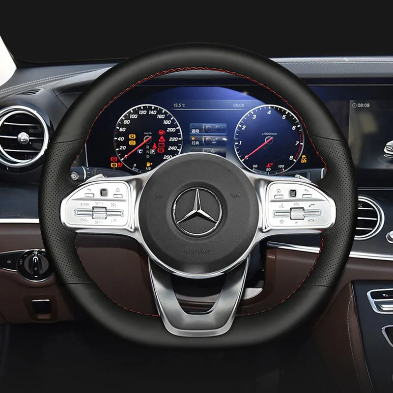 HEIZIJIA   Couverture de Volant de Voiture en Cuir Noir   Cousu pour Mercedes Benz Classe W177 Classe C W205 Classe W213 Classe W222
