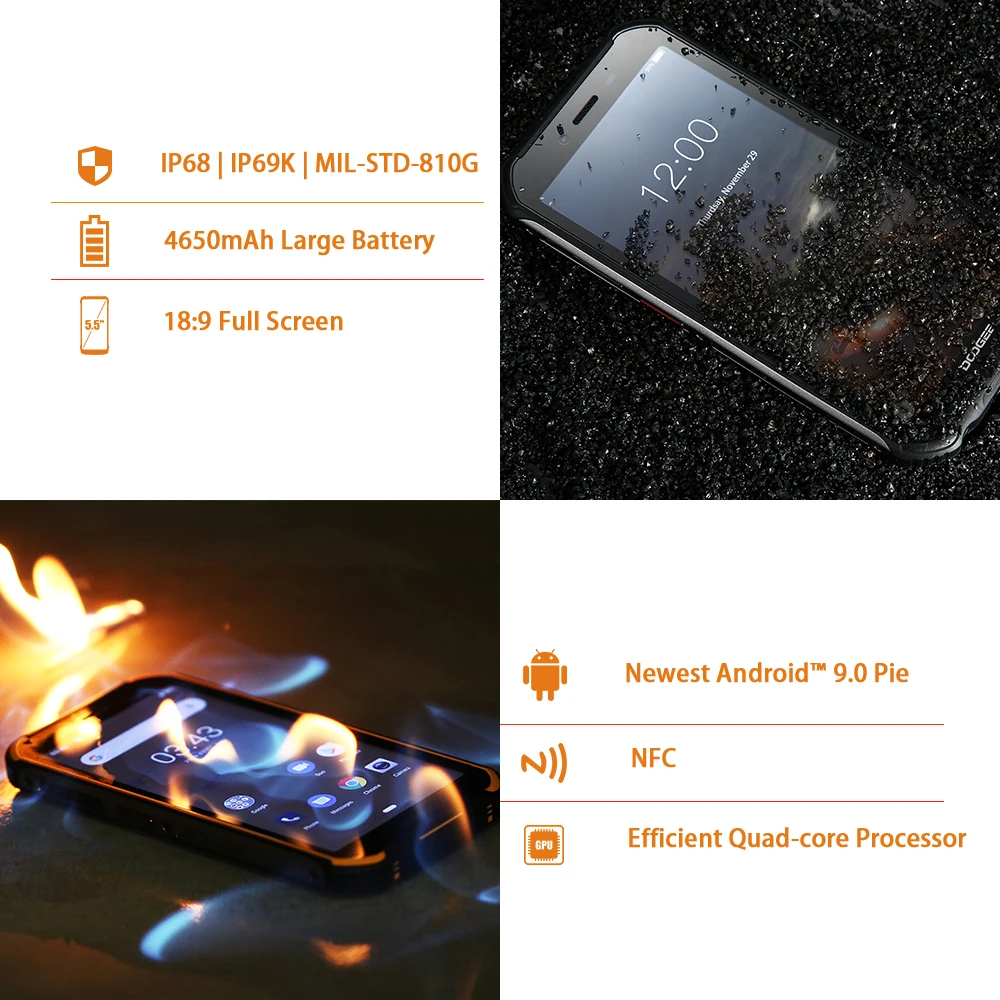  DOOGEE S40 IP68/IP69K 4G Rugged Mobile Phone 4650mAh Android 9.0 5.5'' 18:9 MT6739 Quad Core 3GB 32