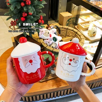 

Nordic creative Christmas ceramic cup with lid spoon couple mug ins cute couple coffee water cup Santa cup Xmas gift