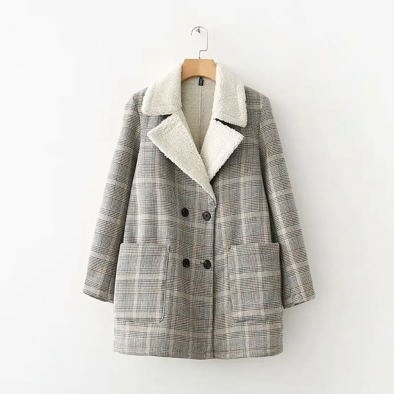 

2018 Autumn And Winter New Style Europe And America Fashion Trend of the Wind Joint Plaid Lambs Wool Overcoat