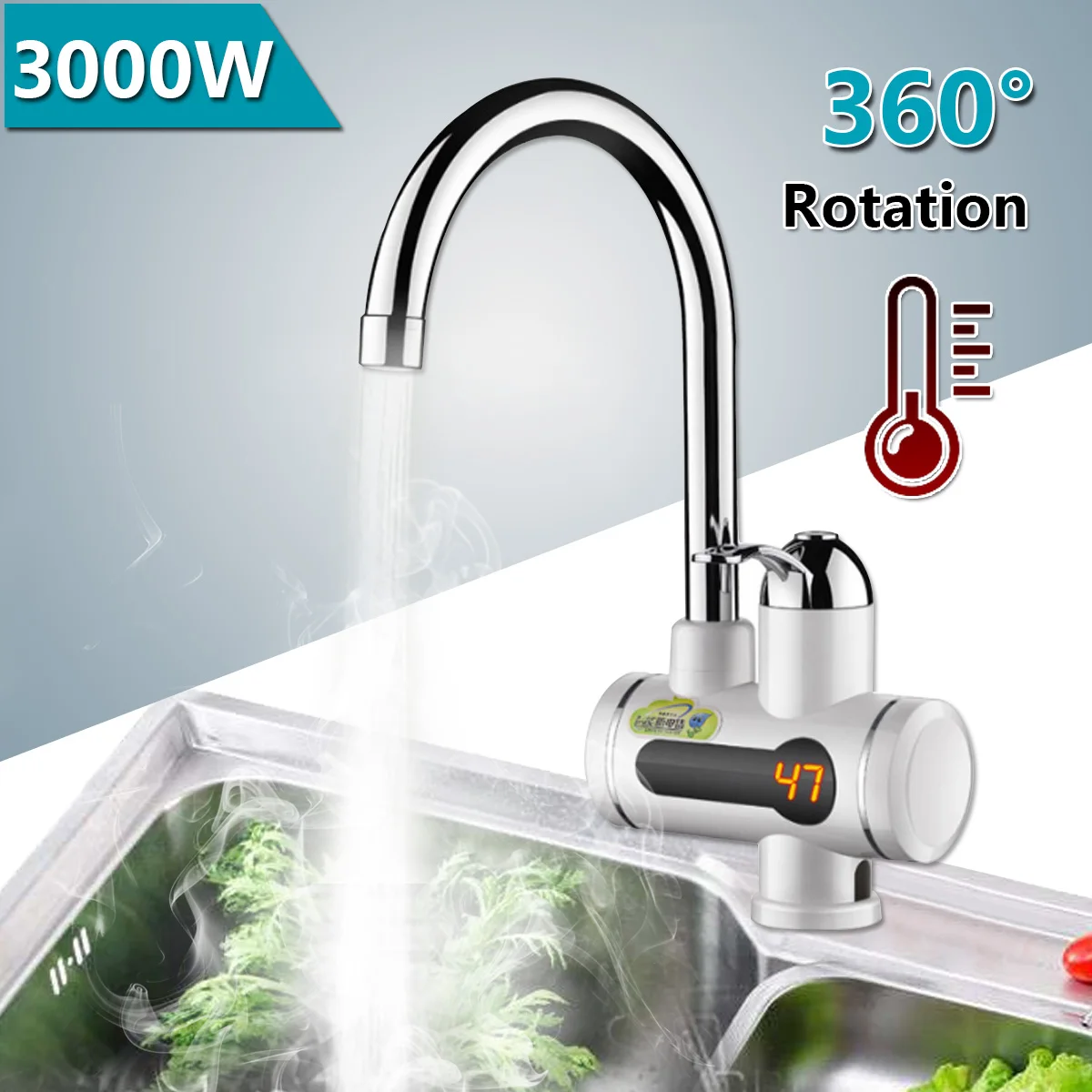 Mejor vendedor  Grifo eléctrico instantáneo con rotación de 360 ° para la cocina, calentador de agua caliente de 3000W con pantalla LCD, de calefacción rápida y fría B6qpeQqM9BR