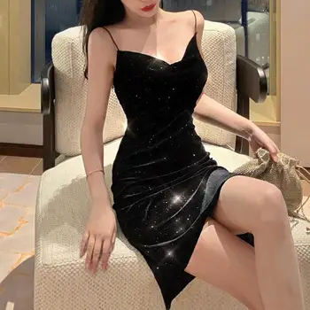 

Short Skirt 2020 New Style Velvet Flashing and Sexy Elegant Backless Nightclub Disco Dancing Slit Base Strapped Dress Women's