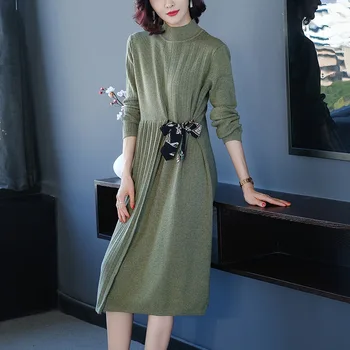 

Korrean Sweater Dress Fashion Women Knitted Dresses Elegant Women High Waist Pleated Sweaters Dress Winter Women Dresses Vintage