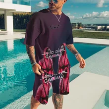 Squid suit T-shirt, Korean popular film beach shorts, short sleeved shirt, two-piece suit, men's new clothes.