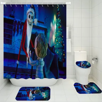 

Nightmare Before Christmas Shower Curtain 4 PCS Set Anti-skid Rug U-shaped Mat Toilet Lid Cover for Halloween Bathroom Decor