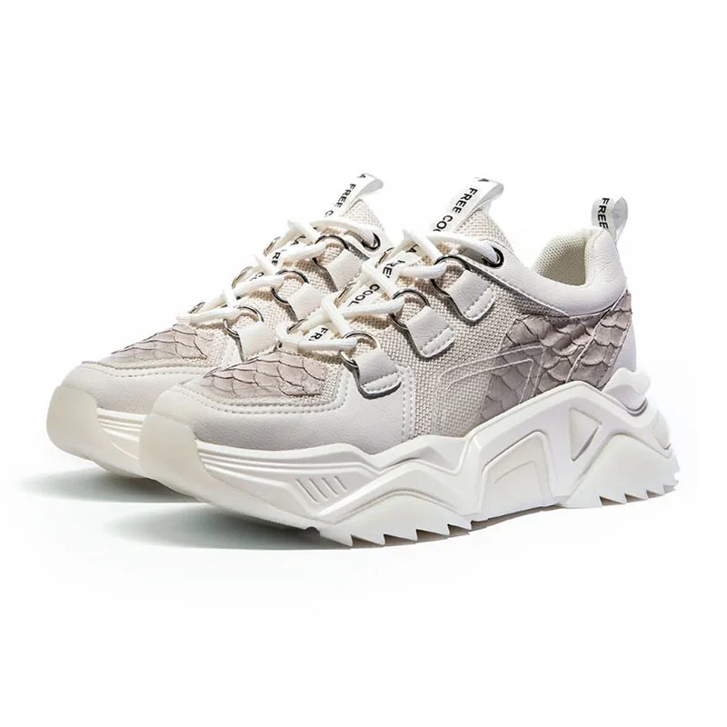 Taoffen Ladies Genuine Leather Thick Bottom White Sneakers Spring Autumn Round Toe Fashion Shoes Woman Breathable Size 35-40