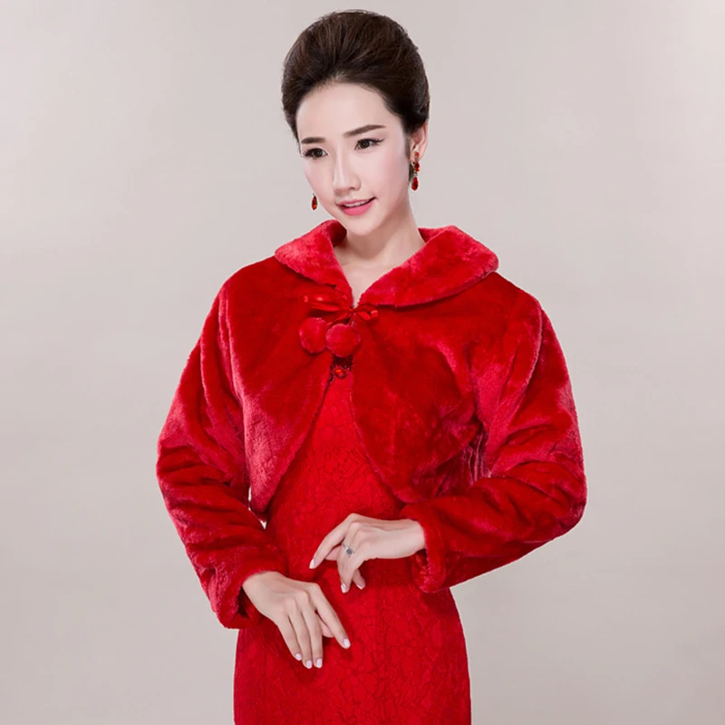 White Red Faux Fur Shrug Cape Wraps Wedding Bridal Coats Jacket with Long Sleeves Special Occasion Winter Warm Women's Bolero