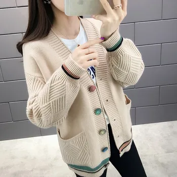 

2019 Autumn Winter Women Cardigans Sweater V Neck Loose Knitwear Fashion Elegant Warm Casual Knit Cardigan Outwear Jacket Coat