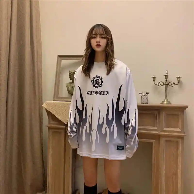 Белый NiceMix принт негабаритных осень огонь пламя новая женская одежда Harajuku стиль ulzzang свободные толстовки с длинным рукавом кофты - Цвет: Белый