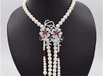 

8-9mm cultured Freshwater white pearl necklace Zircon flower pendant assel 19"