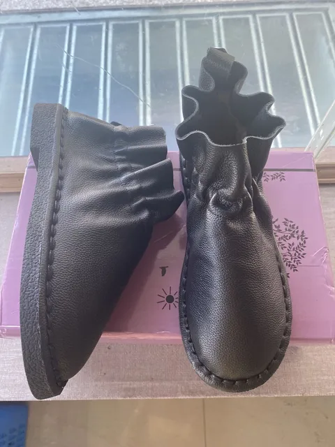 Careaymade-Spring Genuine leather shoes,Pure handmade boots,The retro art mori girl shoes, Literature Fold surface boots Black