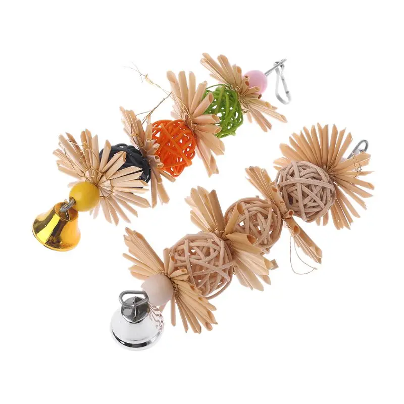 Bird Chewing Toy Parrot Cage Bite Toys Rattan Balls with Bell Colorful Entertainment Toys for Small Medium Parrots 2