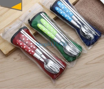 Best 200sets/lot Fast Shipping 3pcs/set Travel Picnic Portable Cutlery Stainless Steel Tableware Fork Spoon Chopsticks