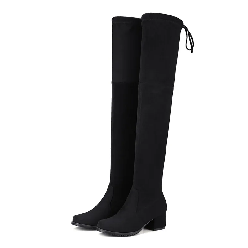 

Lucyever 2019 Autumn Winter Women Flock Over-the-Knee Boots Round Toe Thick Heels Slim Stretch Long Botas Mujer Plus Size 34-43