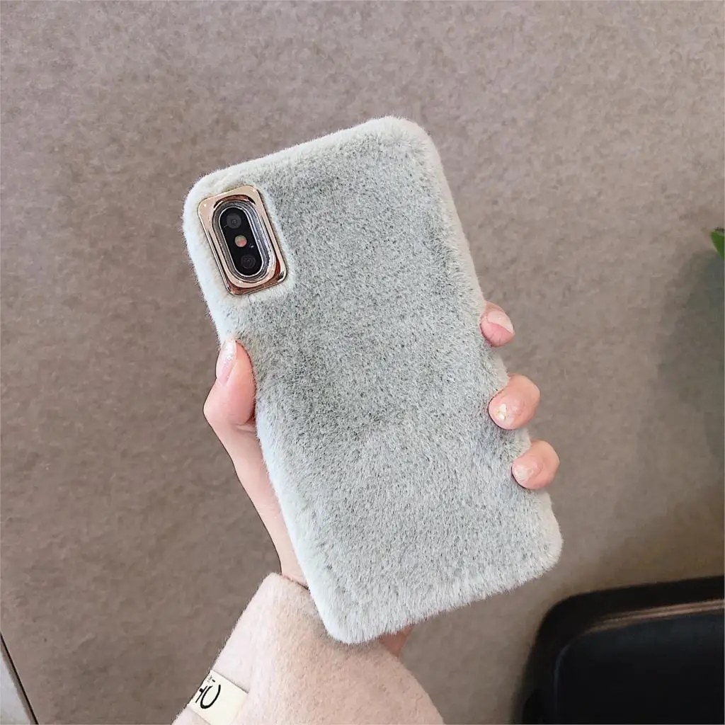 Плюшевый пушистый милый карамельный цвет чехол для телефона для iPhone11 pro Max чехол Красочный пушистый funda для iPhone8 6 7Plus x xr xsmax - Цвет: Бежевый