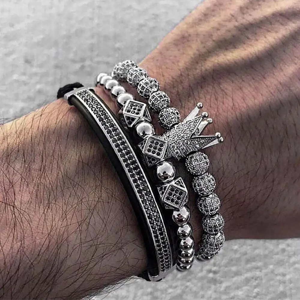 

3pcs/Set Fashion Men Bracelet New Crown Inlaid Zircon Weave Beads Classic Trendy Male Bangle For Women Charm Bracelets Jewelry
