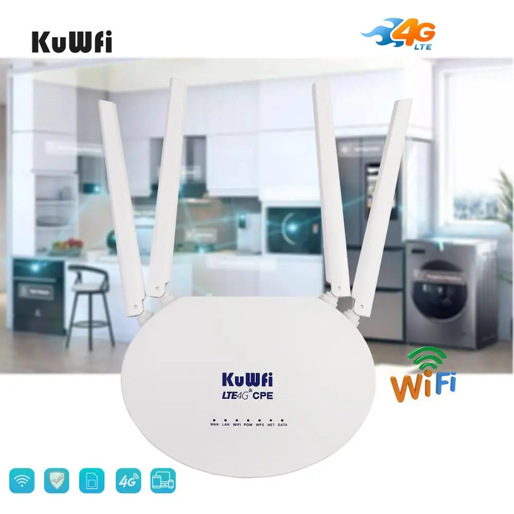 KuWfi 4G LTE CPE Router 300Mbps Wireless Router 3G/4G LTE wifi Router con Sim ranura para tarjeta y antena externa de 4 piezas 32 usuarios - 3