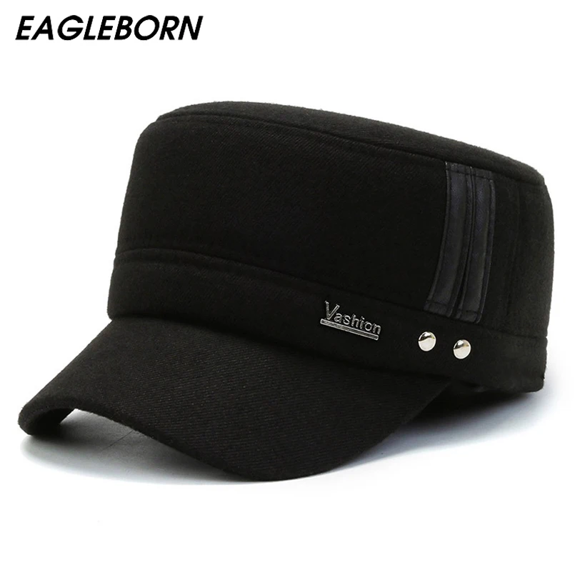 

EAGLEBORN Winter Hats Men Caps Hat with Earflaps Keep Warm Flat Roof Baseball Caps Old Men Thicken Snapback Russia Casquette