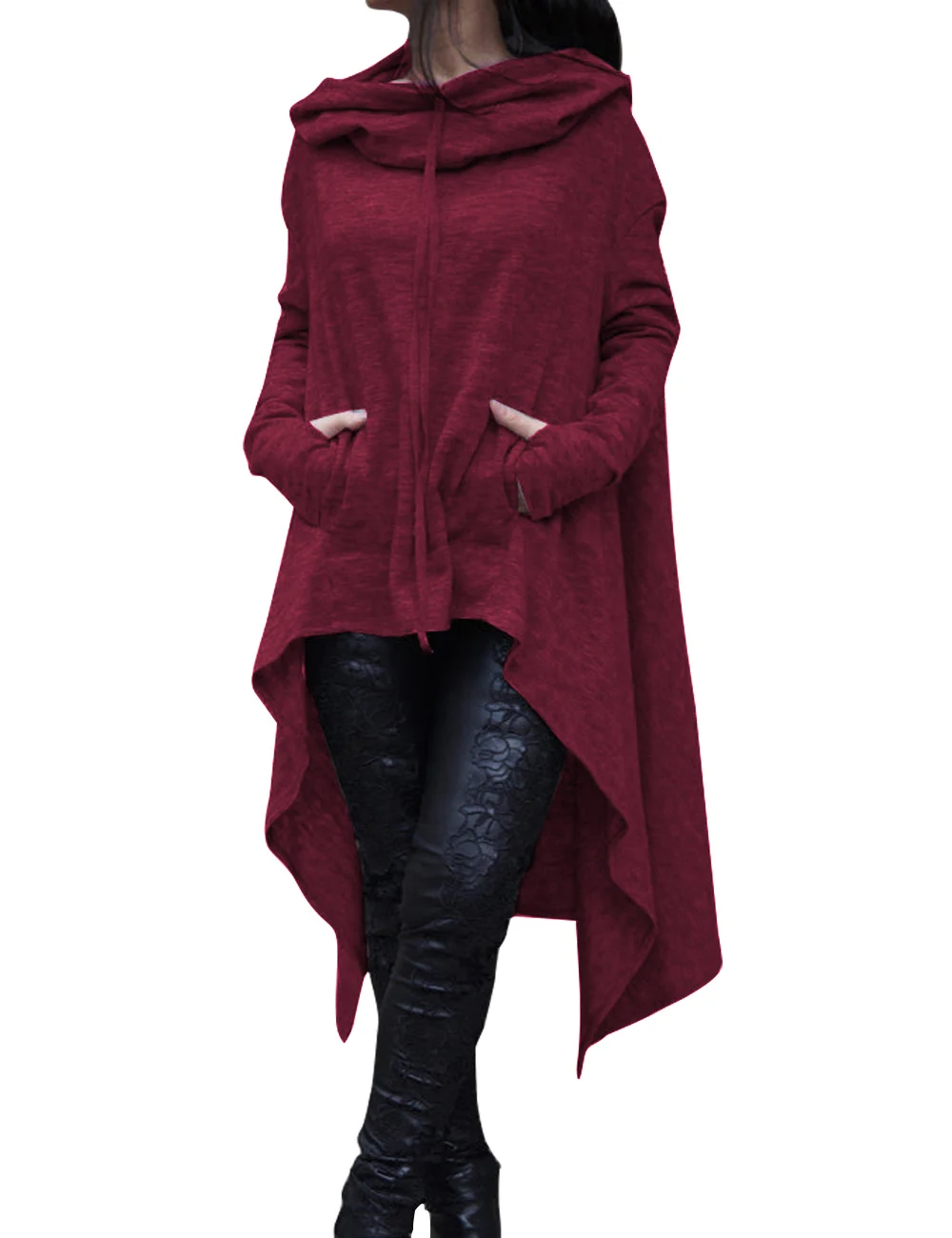 WINERED Необычные толстовки, одноцветные, модные, большие, толстовки, толстовка, женская, свободная, с капюшоном, пуловер, верхняя одежда, пальто - Цвет: WINERED
