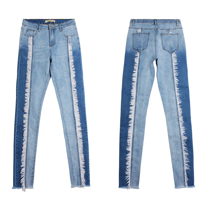 Новинка, джинсы с кисточками, женские Лоскутные обтягивающие джинсы, Стрейчевые джинсовые брюки-карандаш, женские сексуальные джинсовые брюки, брюки, плюс размер, Джинсы 4XL