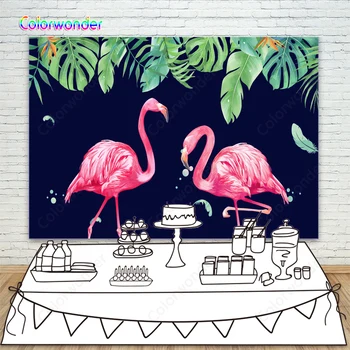 

Tropical Hawaii Style Green Leaves with Pink Famingo Birthday Background Dark Blue Wedding Or Birthday Party Backdrop Photocall