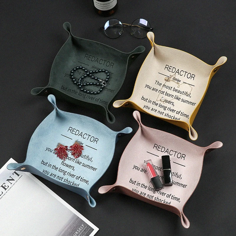 

Leather Storage Tray Desktop Storage Box PU Leather Square Key WalletLipstick Jewelry Tray Home Storage Table Decor
