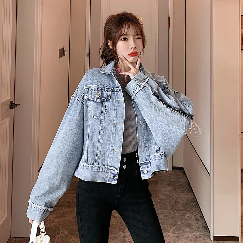 

Women spring short denim jacket loose female denim coat long sleeve turn down collar all match jacket for women 7007