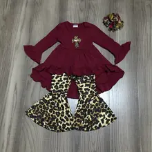 Зимняя одежда для маленьких девочек; леопардовый костюм для девочек; винно-красное платье с леопардовыми брюками; теплая одежда с бантом для девочек