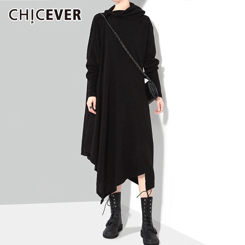 CHICEVER, корейское свободное женское платье, водолазка, длинный рукав, большие размеры, повседневное, асимметричное, миди, женские платья,, осенняя мода