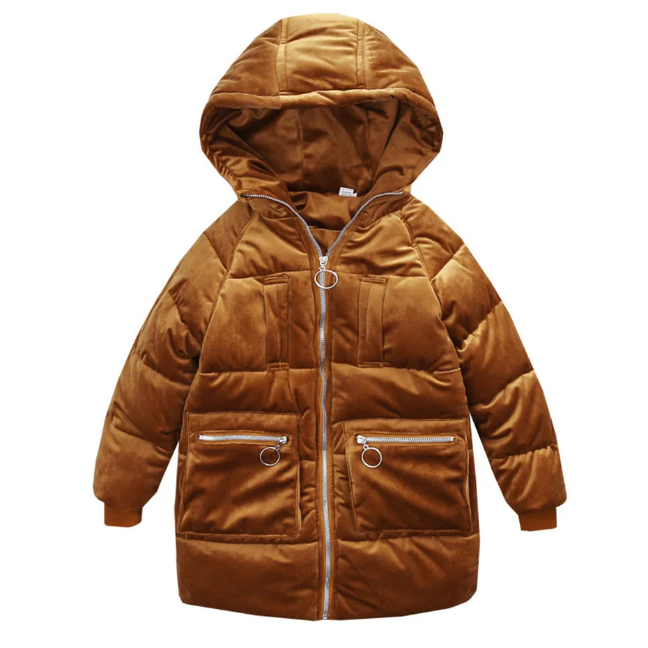 Пуховики для мальчиков, зимние пальто с капюшоном для мальчиков, длинная детская одежда, золотой бархат, парка для мальчиков-подростков 4, 6, 8, 12 лет, рождественский подарок - Цвет: Brown