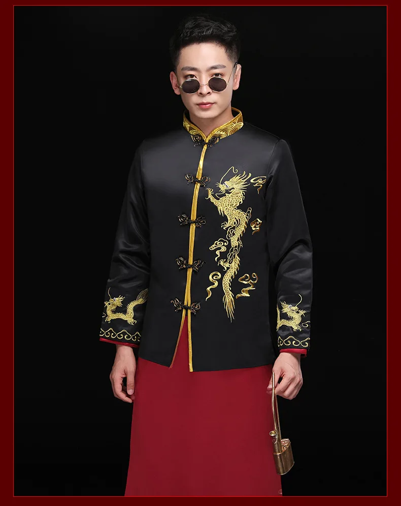 Мужской красный cheongsam тост костюмы костюм жениха куртка длинное платье Традиционный китайский стиль Свадьба Qipao для мужчин вышивка Тан костюм