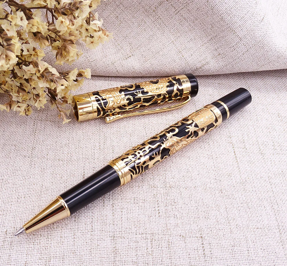Jinhao No 719 Chiselled Gold Plate Rollerball Pen with Gold Trim 