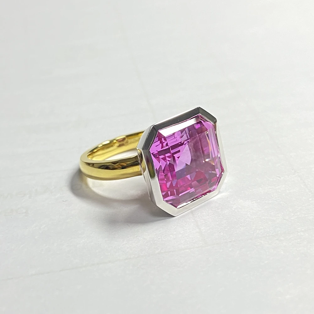 

Meisidian New Design Lab Pink Sapphire 20 Carat Gemston 925 Sterling Sliver Two Color Plate White Gold Women Ring