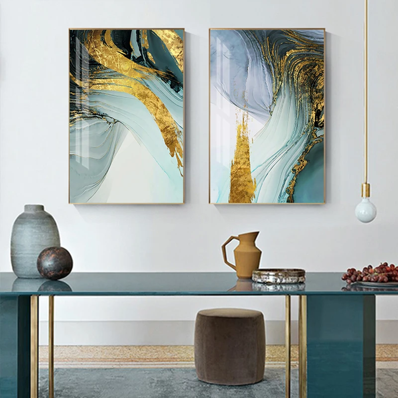 Современный абстрактный зеленый золотой фольги Холст Искусство Мода синий плакат и печать Настенная картина для гостиной стильный Cuadro Decorativo