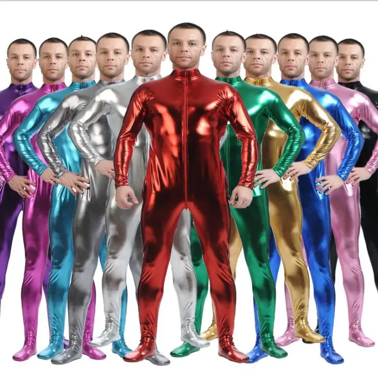 Men Latex Suit Black Shiny Metallic Tights Gold Zentai Suit Full Body Unitard Skin Bodysuit Zipper Front catsuit cosplay costume adult unitard latex lingerie mens bondage lingerie