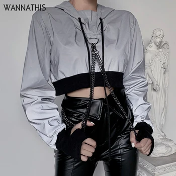 

WannaThis Reflective Jacket Women Hooded Hip-Hop Streetwear Long Sleeve Cropped Top Coats Outwear Harajuku Reflective Drawstring